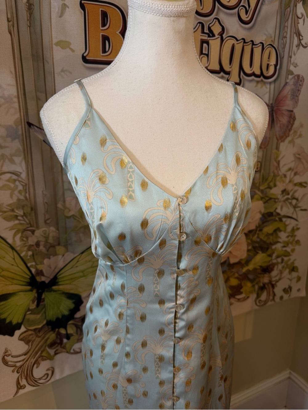 Silk-Feel Light Blue & Gold Slip Dress